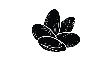 A striking black and white illustration depicts a cluster of mussels showcasing their elegant curved shells against a plain backdrop © MIRAJ02