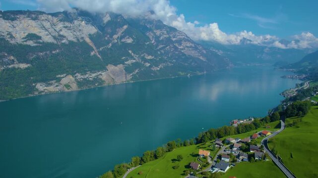 Aerial view around the lake walensee in Switzerland on a sunny day in summer.