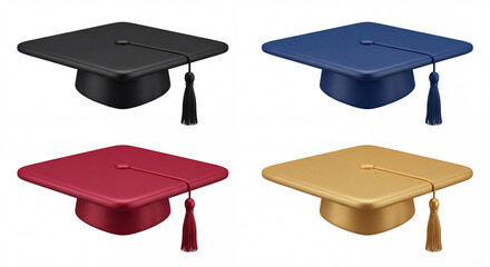 Graduation Caps Square Mortarboards Collection Set Realistic 3D Render Black Blue Red Golden Isolated White
