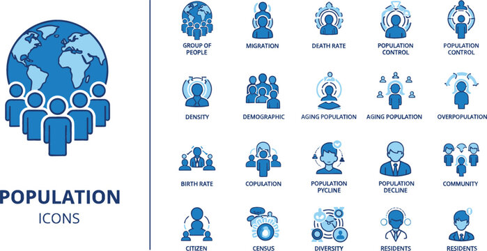Global population and demographic icon set featuring community migration birth rate density and social statistics symbols for infographic design