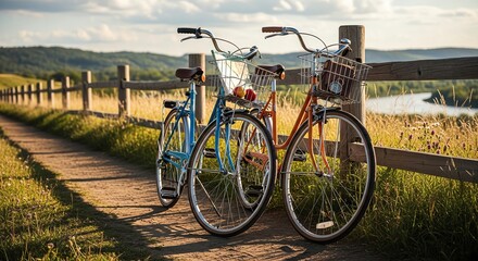 Fototapeta premium Two bicycles parked on a dirt path beside a wooden fence in a serene rural landscape with a lake and rolling hills in the background.