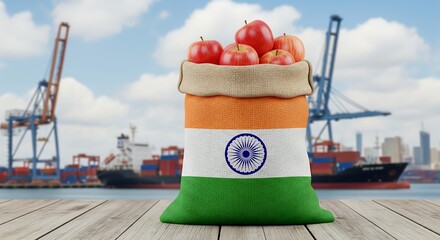 Indian flag burlap sack filled with fresh red apples on dock