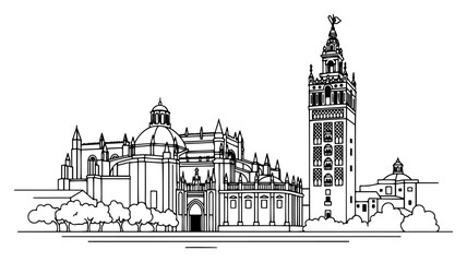 Detailed line art architectural drawing of the Seville Cathedral and Giralda tower in Spain © AnimalZOO