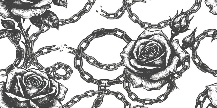 Vintage hand-drawn black and white roses intertwined with heavy chains seamless pattern vector illustration