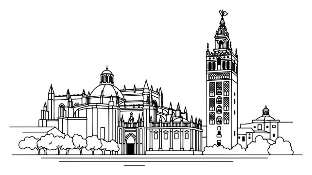 Detailed line art architectural drawing of the Seville Cathedral and Giralda tower in Spain