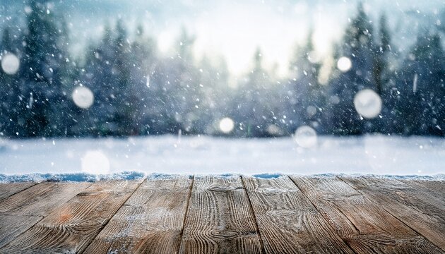 Winter Scene With Wooden Surface Snow Falling And Blurred Trees Background