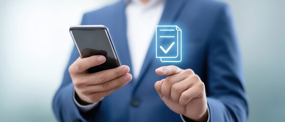 Businessman Using Smartphone for Digital Management Tasks and Workflow Optimization in Modern Office Environment