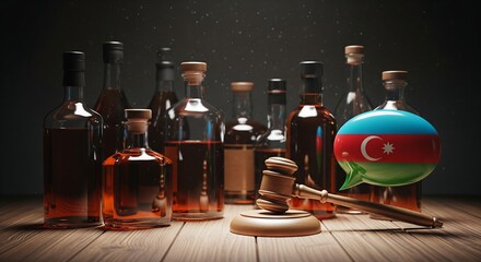 Azerbaijan liquor bottles with judge gavel and flag