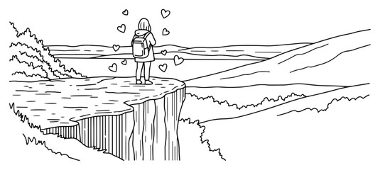 Obraz premium Traveler woman with backpack standing on a high cliff overlooking mountains in minimalist line art style