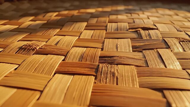 Close-up view of intricately woven bamboo strips creating a textured surface with warm natural light and shadows.