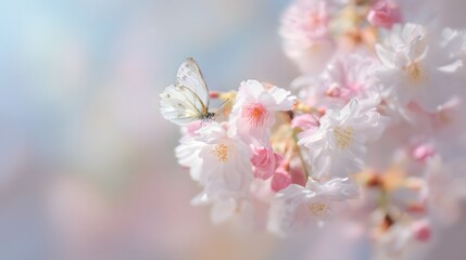 Obraz premium Spring cherry blossoms butterfly serene nature stock photo delicate pastel floral beauty springtime peaceful scene