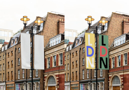 Real photo of two vertical urban fly banners in London. PSD template Mockup.