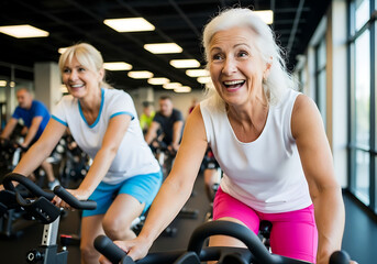 Fototapeta premium Active senior women spinning, happy mature generation cycling fitness, energetic group workout in gym, fun exercise class
