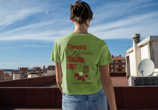 Real photo of back view of woman wearing Short-Sleeve T-shirt ready for mockup