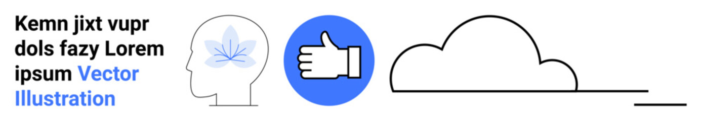 Obraz premium Wellness, technology, nature connection, mental health, positivity, cloud storage. Outline of a head with a leaf, thumbs-up icon in a circle and simple cloud. Mental health and technology concept