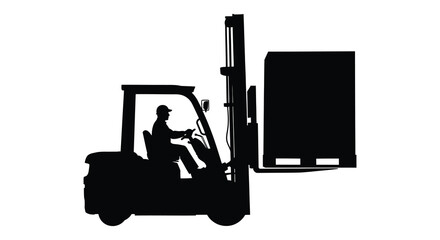 A stark black silhouette depicts a forklift truck carrying a large pallet showcasing industrial operations silhouette high quality © Ajahar