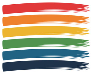 Obraz premium Six horizontal brush stroke banners in rainbow colors red orange yellow green blue and dark navy on transparent background