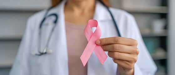 Doctor Holding Pink Ribbon Promoting Awareness and Support for Health Initiatives