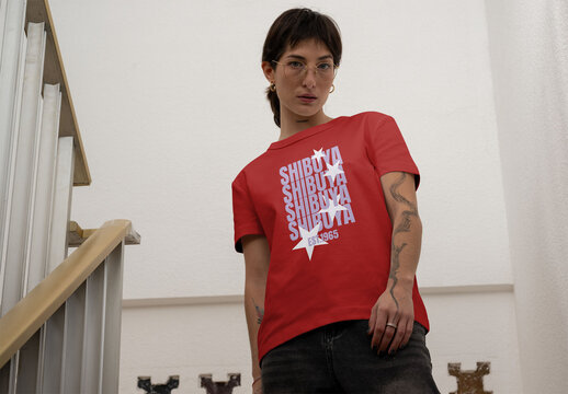 Real photo of stylish woman wearing Short Sleeve T-shirt ready for mockup