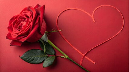 Red rose with heart on red background.
