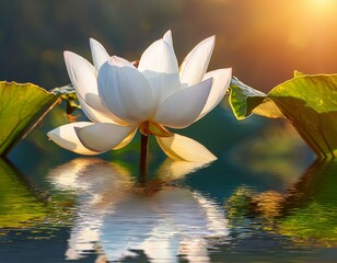 beautiful white lotus flower in full bloom with sunlight reflecting off water surface creating a serene and tranquil scene in nature