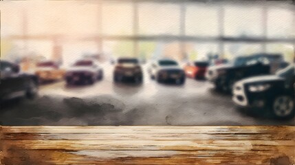 Warm Watercolor Illustration of a Car Showroom Table with Soft Abstract Backgrounds