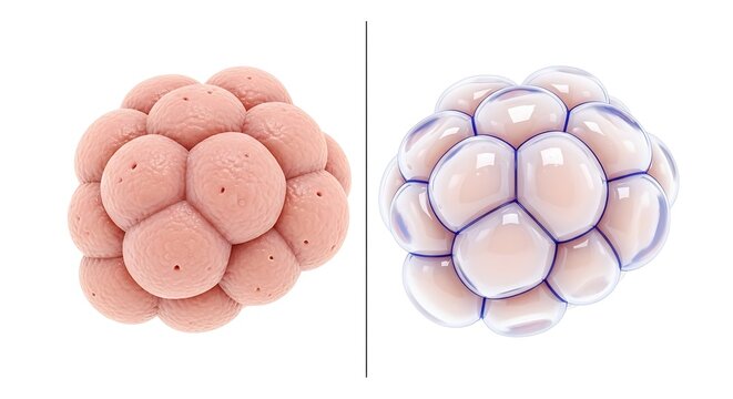 Biological cell development process showing morula stage in microscopic view of embryology