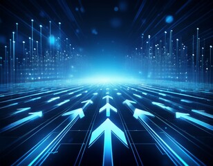 futuristic blue arrows pointing forward with glowing particles symbolizing progress and direction in a digital world