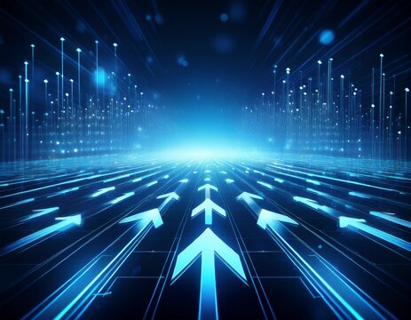 futuristic blue arrows pointing forward with glowing particles symbolizing progress and direction in a digital world