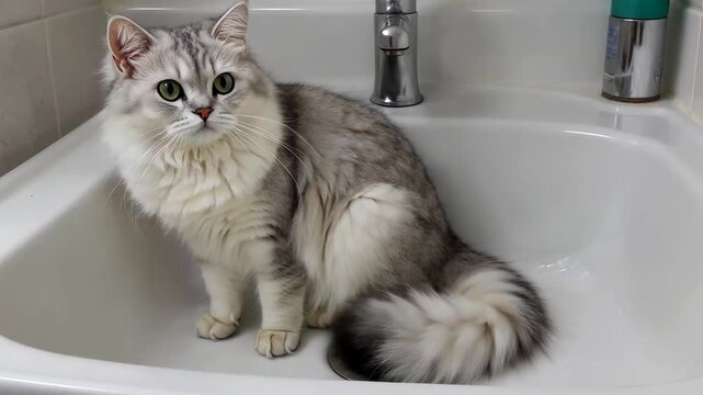 Silver gradient cat sitting in the sink Cat playing in the sink