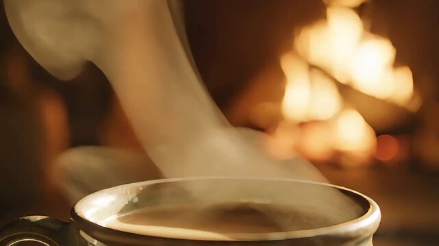 Close-up of a steaming mug with a hot beverage in front of a blurred, warm fireplace, creating a cozy atmosphere.