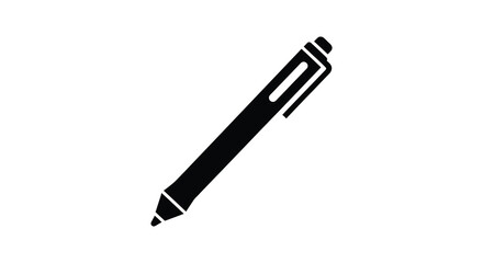 A simple black graphic depicts a writing utensil a pen isolated on a white background a distinct silhouette