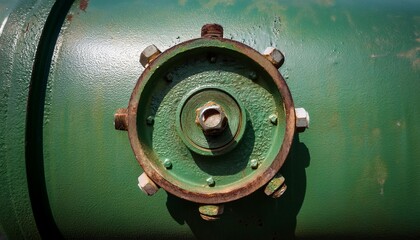 a close up view of a green industrial valve with rusting bolts and a textured surface showcasing the detail and wear of machinery