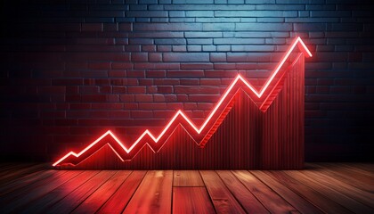 a red zigzag line graph showing upward growth on a wooden floor with a blurred brick wall background