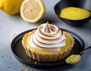 lemon meringue tart with a swirl of lemon sauce on top