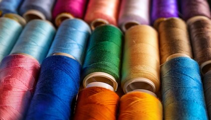 a vibrant array of colorful sewing thread spools neatly arranged showcasing various hues perfect for creative projects