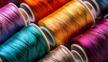 close up of colorful spools of thread arranged neatly showcasing various textures and vibrant colors ideal for crafting and sewing themes