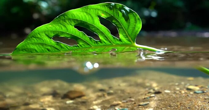 Green leaf floating on water surface with droplets, for nature or environmental concept, overlay effect or background