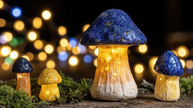 A tranquil and magical corner of the forest: glowing mushrooms like earthbound stars, with a main cap glittering blue and orange like a night sky. Companion fungi and soft bokeh create dreamy light, e
