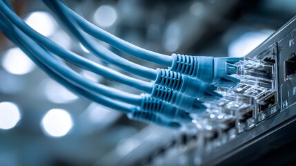 Close-up of Blue Ethernet Cables Plugged into a Network Switch.