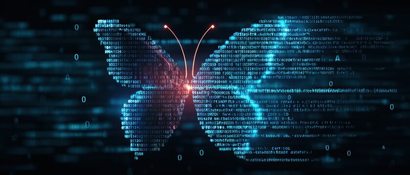 Digital Butterfly Silhouette Emerging from Binary Code in Blue and Red Glow with Abstract Background