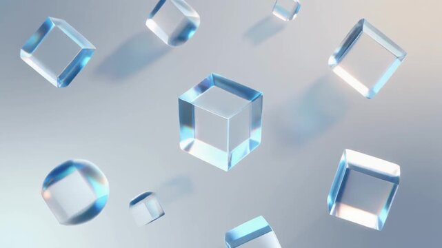 Loop of transparent glass‑like cubes and spheres gently floating and rotating on a soft white gradient background.