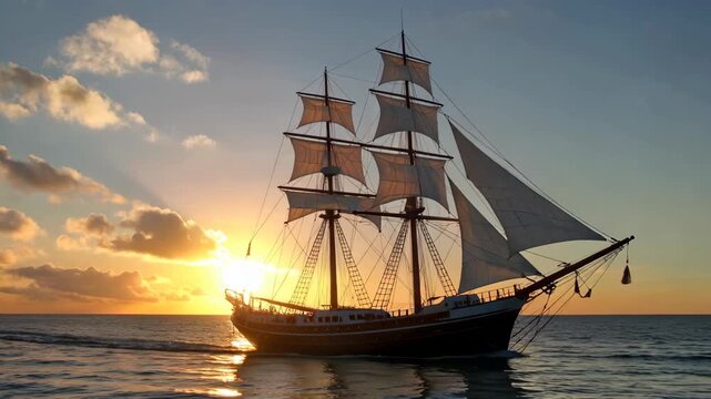Sailing under the setting sun, setting sail at sea