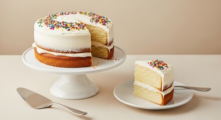 Slice of vanilla cake with sprinkles on white plate next to whole cake