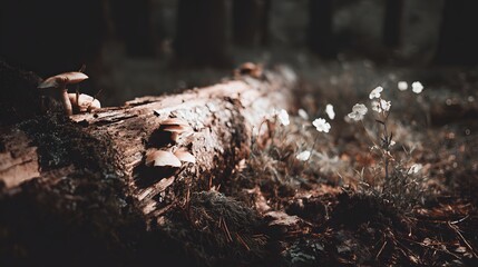 Fototapeta premium Fallen Log with Mushrooms and Wildflowers in Forest Sunlight.