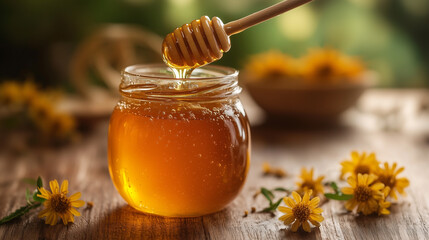 A jar of honey with flowers against a natural background