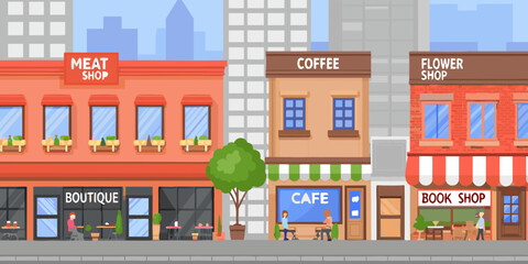 Fototapeta premium A colorful cityscape featuring various storefronts and pedestrian activity
