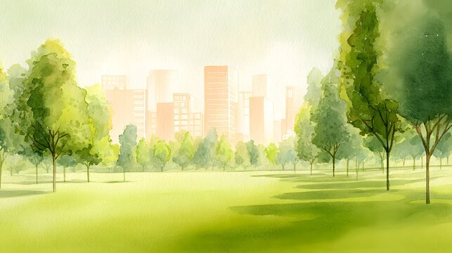 Serene watercolor parkscape evokes calm urban life bathed in soft warm diffused light