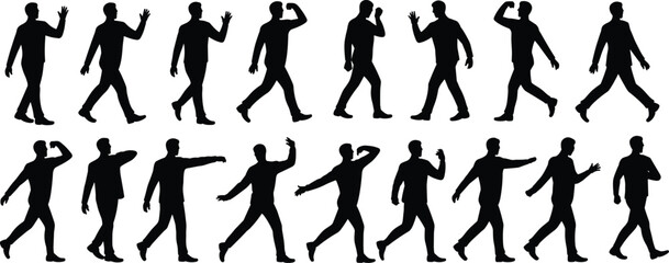 Fototapeta premium Collection of walking man silhouettes in varied poses, male motion sequence isolated on clean background vector illustration reference set