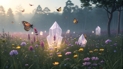 Floating crystal shards with butterflies in magical wildflower meadow at golden hour misty sunrise